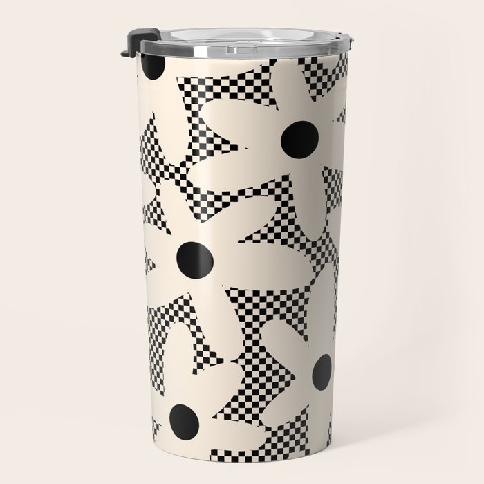 Daisy Time Retro Floral Checks and Dots Pattern in Black and Almond Cream Travel Mug Gallery Image 3