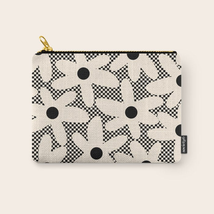 Daisy Time Retro Floral Checks and Dots Pattern in Black and Almond Cream Carry All Pouch Gallery Image 1