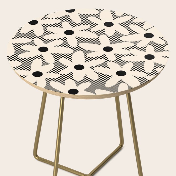 Daisy Time Retro Floral Checks and Dots Pattern in Black and Almond Cream Side Table Gallery Image 2