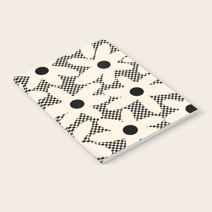 Daisy Time Retro Floral Checks and Dots Pattern in Black and Almond Cream Notebook Gallery Image 2