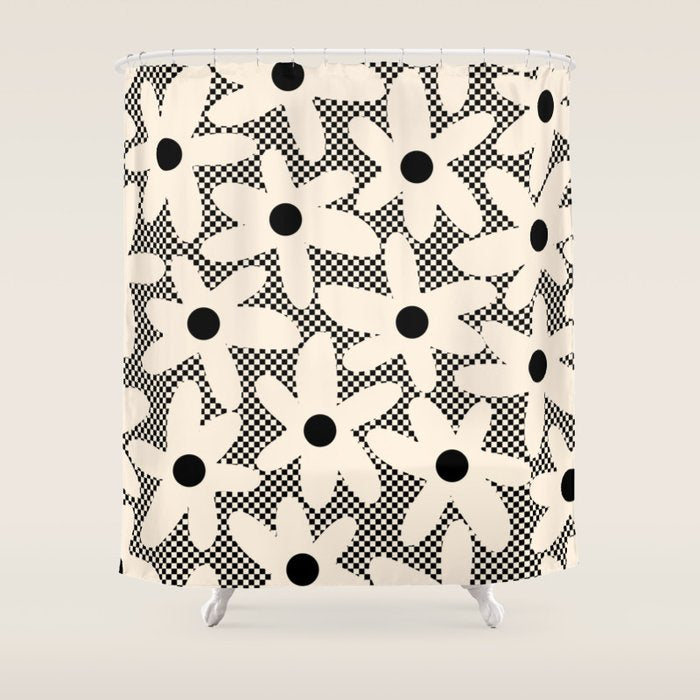 Daisy Time Retro Floral Checks and Dots Pattern in Black and Almond Cream Shower Curtain Gallery Image 1