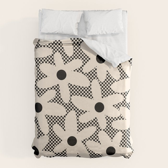 Daisy Time Retro Floral Checks and Dots Pattern in Black and Almond Cream Duvet Cover Gallery Image 1