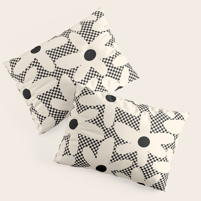 Daisy Time Retro Floral Checks and Dots Pattern in Black and Almond Cream Pillow Sham Gallery Image 3