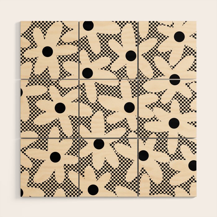 Daisy Time Retro Floral Checks and Dots Pattern in Black and Almond Cream Wood Wall Art Gallery Image 1