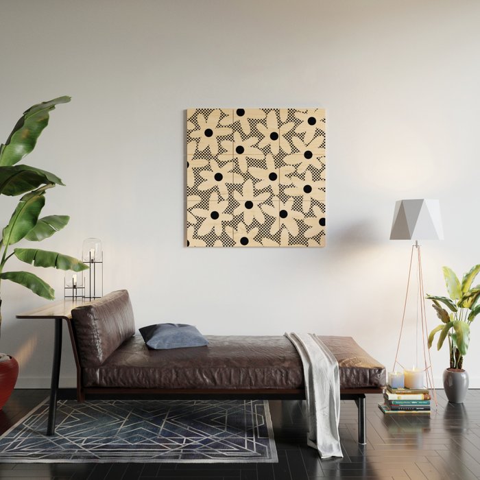 Daisy Time Retro Floral Checks and Dots Pattern in Black and Almond Cream Wood Wall Art Gallery Image 2