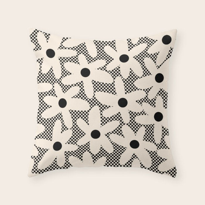 Daisy Time Retro Floral Checks and Dots Pattern in Black and Almond Cream Throw Pillow Gallery Image 6