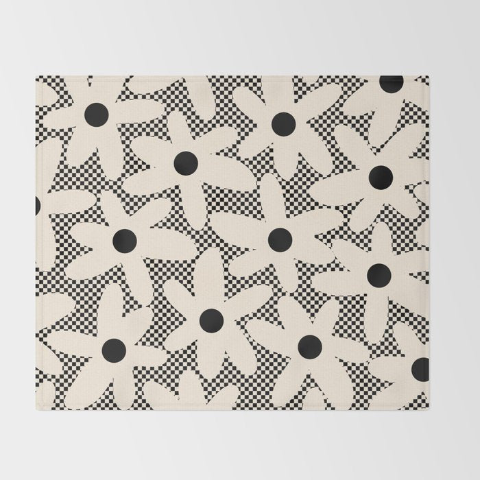 Daisy Time Retro Floral Checks and Dots Pattern in Black and Almond Cream Throw Blanket Gallery Image 2