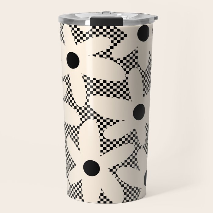 Daisy Time Retro Floral Checks and Dots Pattern in Black and Almond Cream Travel Mug Gallery Image 1
