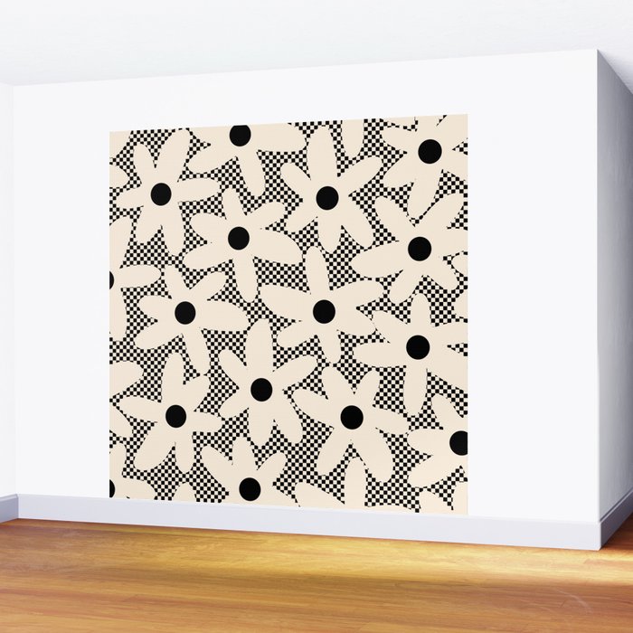 Daisy Time Retro Floral Checks and Dots Pattern in Black and Almond Cream Wall Mural Gallery Image 2