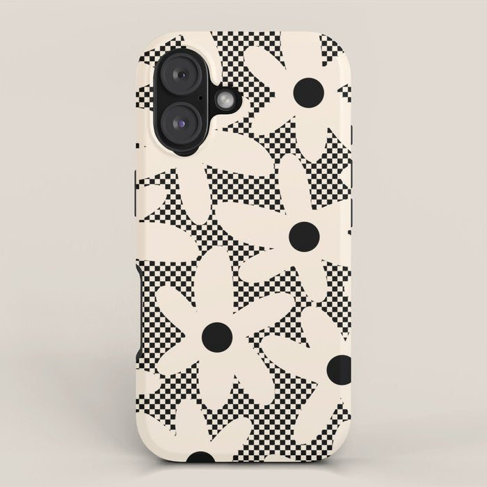 Daisy Time Retro Floral Checks and Dots Pattern in Black and Almond Cream iPhone Case Gallery Image 1