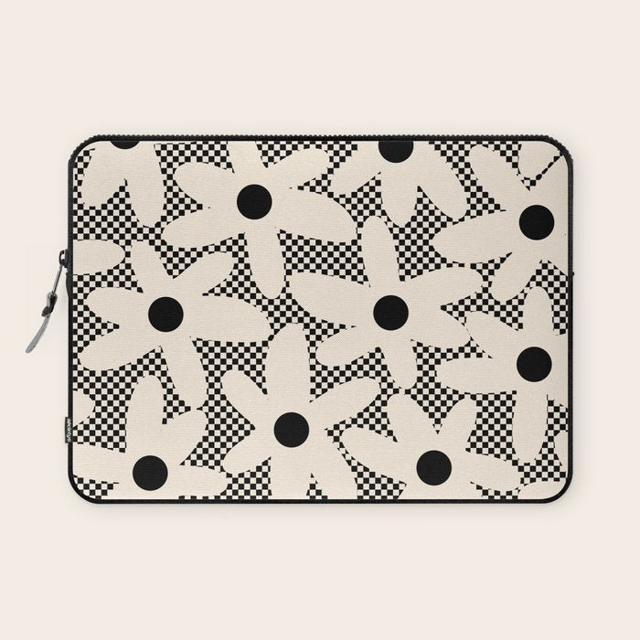 Daisy Time Retro Floral Checks and Dots Pattern in Black and Almond Cream Laptop Sleeve Gallery Image 1