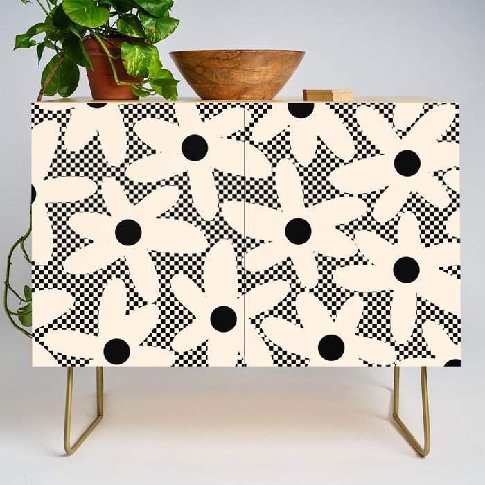 Daisy Time Retro Floral Checks and Dots Pattern in Black and Almond Cream Credenza Gallery Image 1