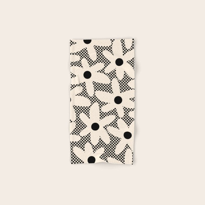 Daisy Time Retro Floral Checks and Dots Pattern in Black and Almond Cream Bath Towel Gallery Image 1