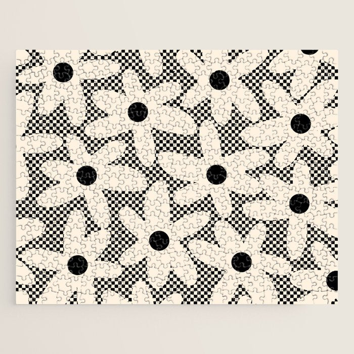 Daisy Time Retro Floral Checks and Dots Pattern in Black and Almond Cream Jigsaw Puzzle Gallery Image 1