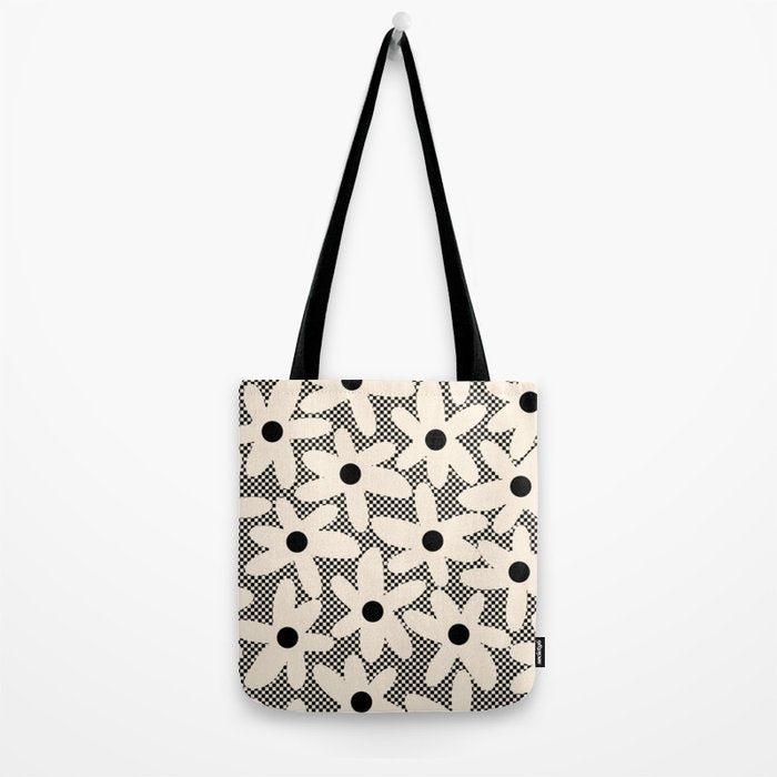 Daisy Time Retro Floral Checks and Dots Pattern in Black and Almond Cream Tote Bag Gallery Image 2