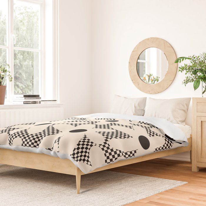 Daisy Time Retro Floral Checks and Dots Pattern in Black and Almond Cream Duvet Cover Gallery Image 2