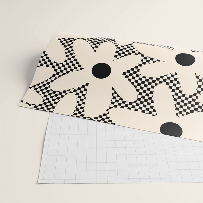 Daisy Time Retro Floral Checks and Dots Pattern in Black and Almond Cream Wrapping Paper Gallery Image 2