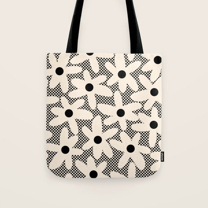 Daisy Time Retro Floral Checks and Dots Pattern in Black and Almond Cream Tote Bag Gallery Image 1