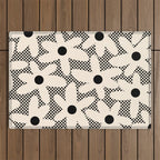 Daisy Time Retro Floral Checks and Dots Pattern in Black and Almond Cream Outdoor Rug Gallery Image 1