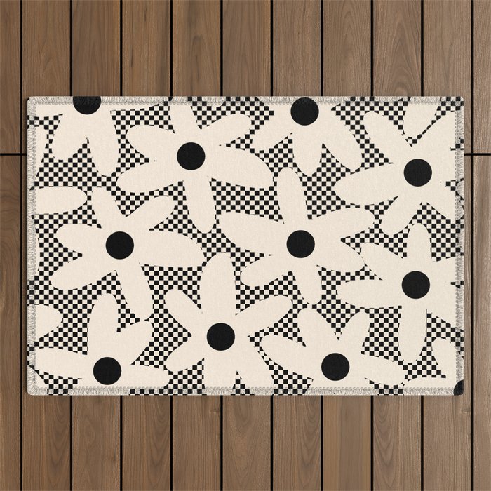 Daisy Time Retro Floral Checks and Dots Pattern in Black and Almond Cream Outdoor Rug Gallery Image 1