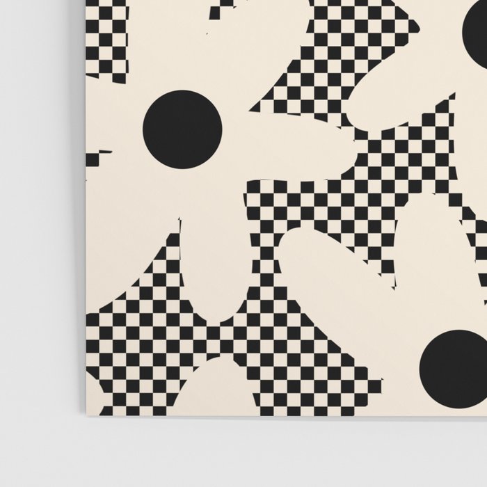 Daisy Time Retro Floral Checks and Dots Pattern in Black and Almond Cream Poster Gallery Image 3