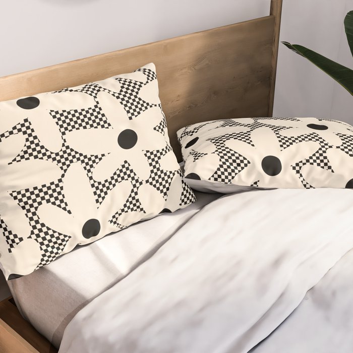 Daisy Time Retro Floral Checks and Dots Pattern in Black and Almond Cream Pillow Sham Gallery Image 2