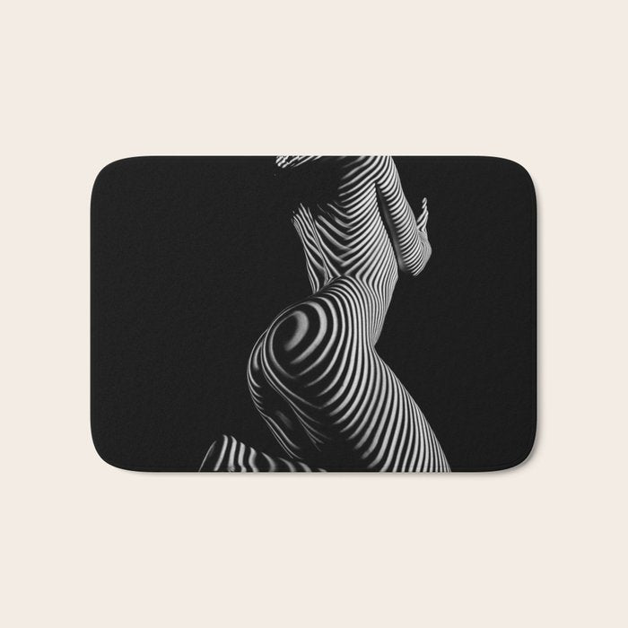 0721s-MM BW Fine Art Nude Tiger Striped Woman on Her Knees Bath Mat Gallery Image 1
