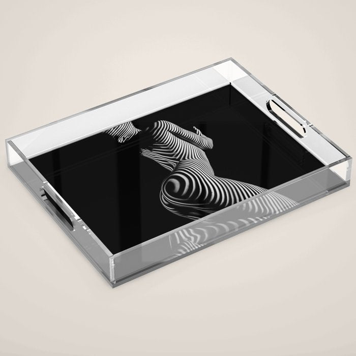 0721s-MM BW Fine Art Nude Tiger Striped Woman on Her Knees Acrylic Tray Gallery Image 1