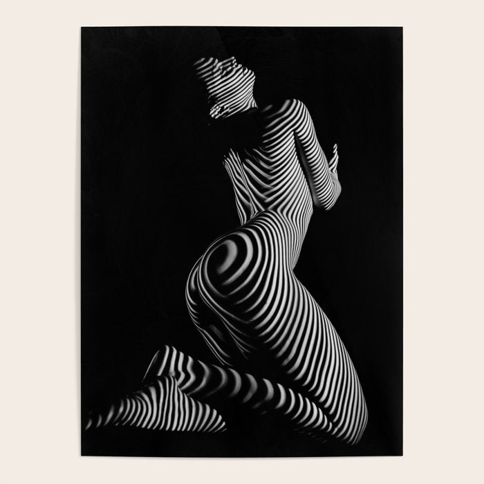 0721s-MM BW Fine Art Nude Tiger Striped Woman on Her Knees Poster Gallery Image 4