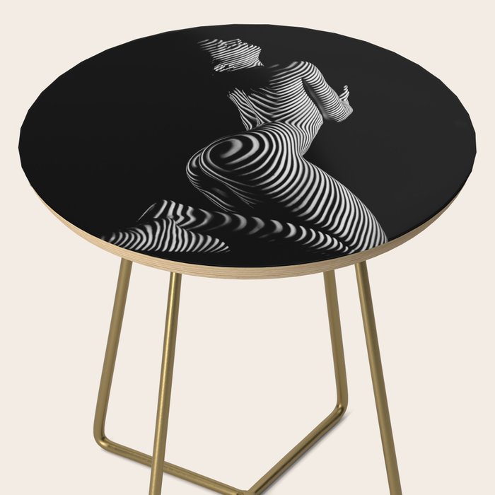 0721s-MM BW Fine Art Nude Tiger Striped Woman on Her Knees Side Table Gallery Image 2