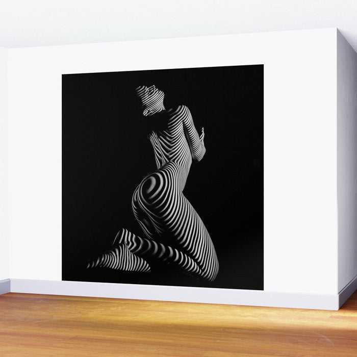0721s-MM BW Fine Art Nude Tiger Striped Woman on Her Knees Wall Mural Gallery Image 2