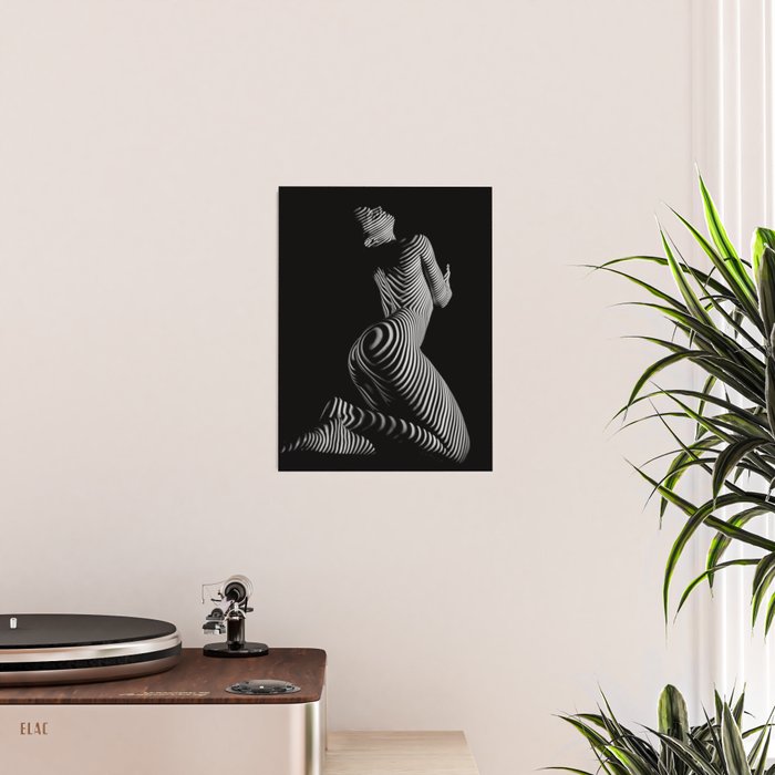 0721s-MM BW Fine Art Nude Tiger Striped Woman on Her Knees Poster Gallery Image 2