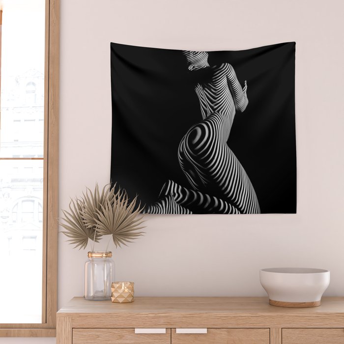 0721s-MM BW Fine Art Nude Tiger Striped Woman on Her Knees Wall Tapestry Gallery Image 2
