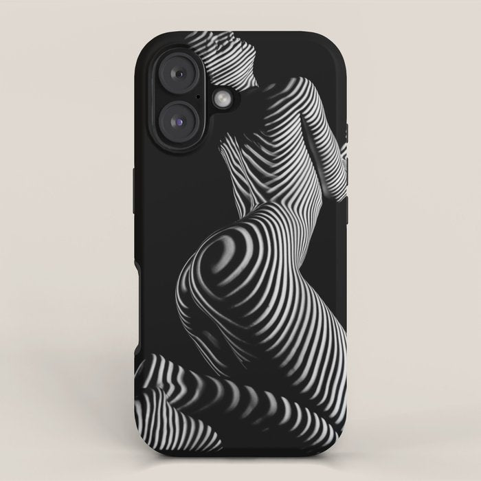 0721s-MM BW Fine Art Nude Tiger Striped Woman on Her Knees iPhone Case Gallery Image 1