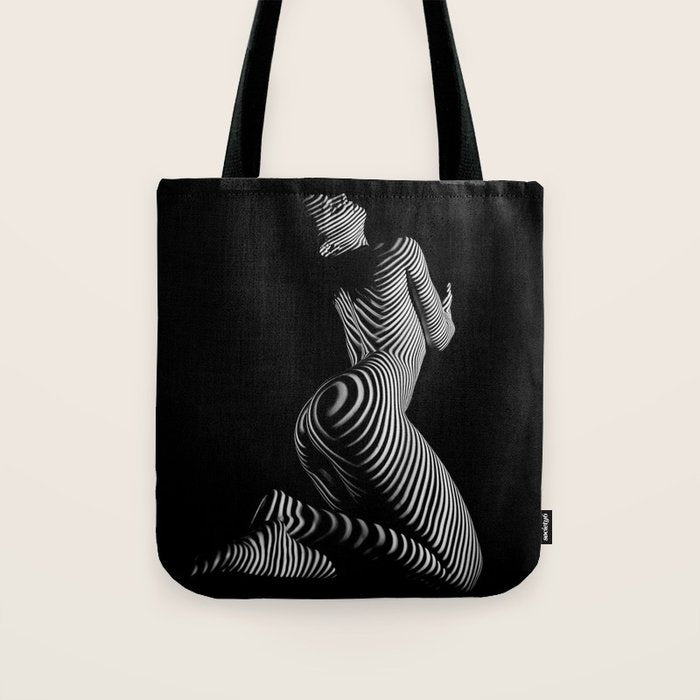 0721s-MM BW Fine Art Nude Tiger Striped Woman on Her Knees Tote Bag Gallery Image 1