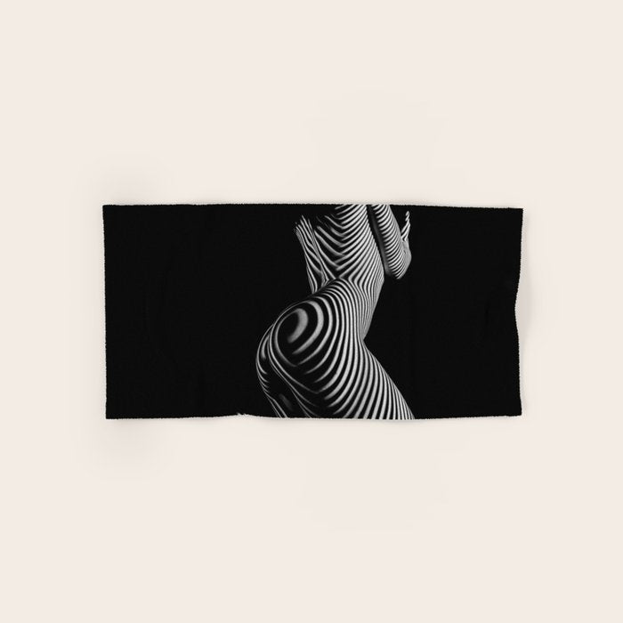 0721s-MM BW Fine Art Nude Tiger Striped Woman on Her Knees Bath Towel Gallery Image 1
