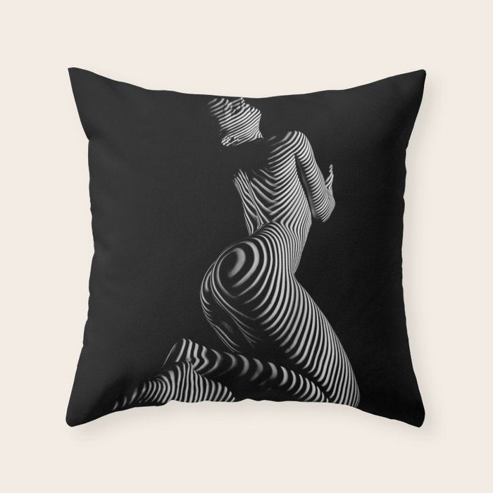 0721s-MM BW Fine Art Nude Tiger Striped Woman on Her Knees Throw Pillow Gallery Image 1