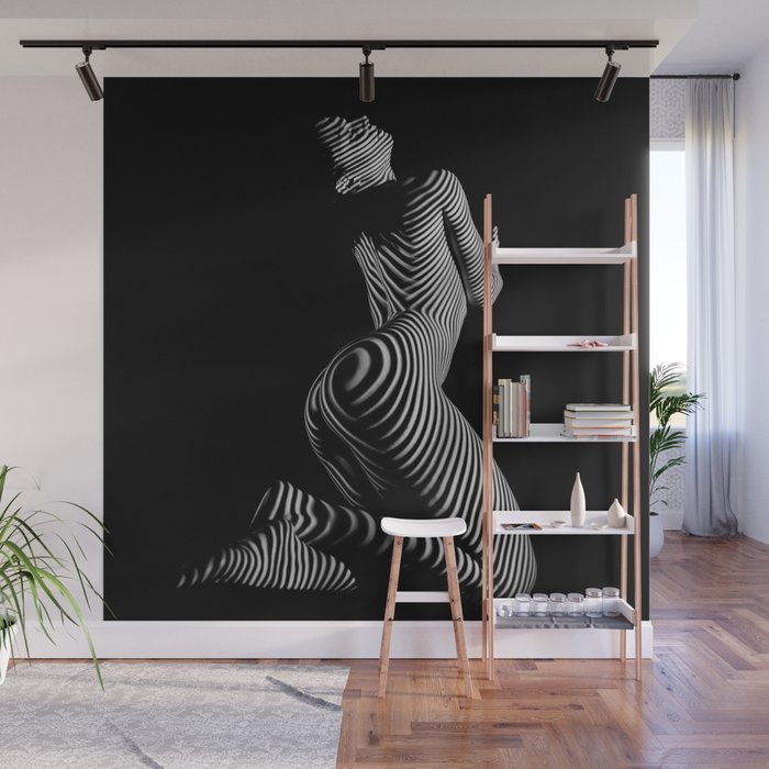 0721s-MM BW Fine Art Nude Tiger Striped Woman on Her Knees Wall Mural Gallery Image 1