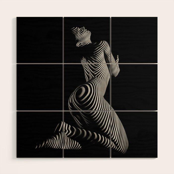 0721s-MM BW Fine Art Nude Tiger Striped Woman on Her Knees Wood Wall Art Gallery Image 1