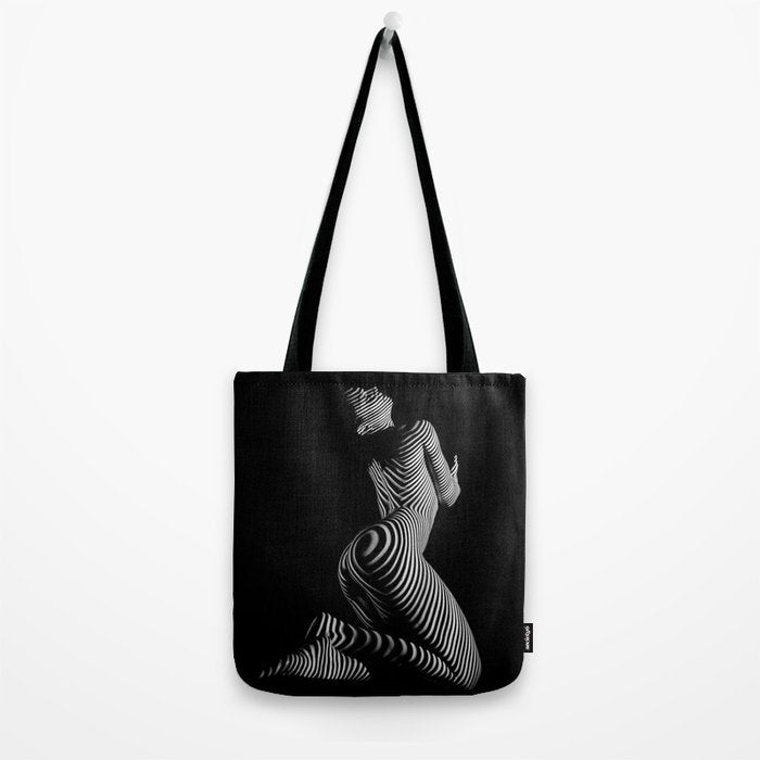 0721s-MM BW Fine Art Nude Tiger Striped Woman on Her Knees Tote Bag Gallery Image 2