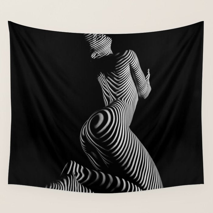 0721s-MM BW Fine Art Nude Tiger Striped Woman on Her Knees Wall Tapestry Gallery Image 1