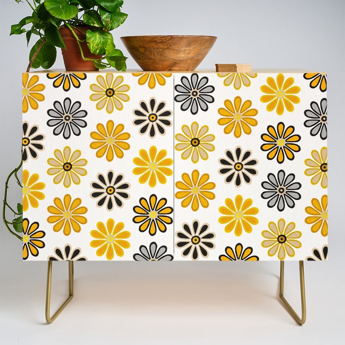 Retro Florals â Yellow & Black Credenza Gallery Image 1