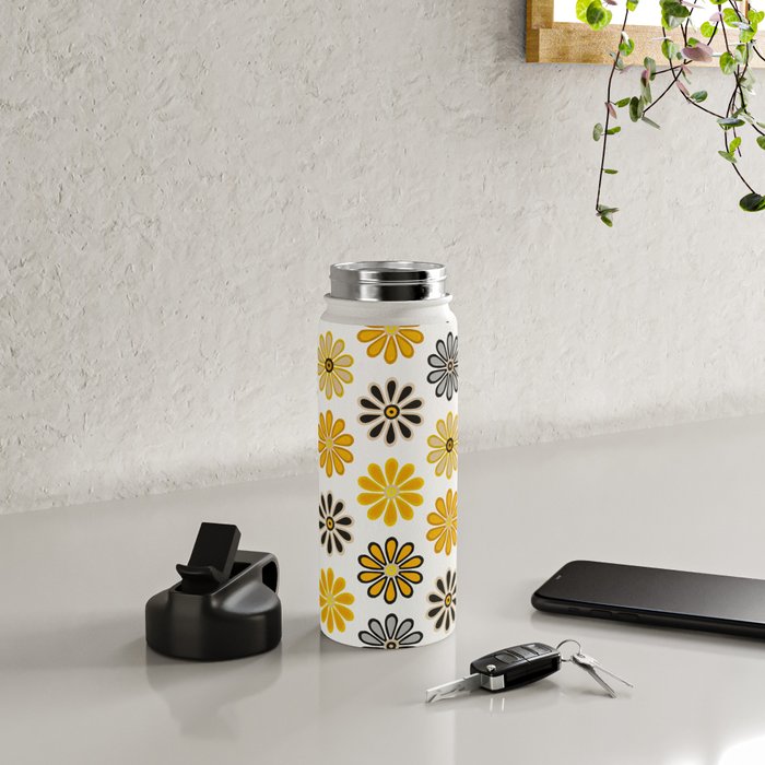 Retro Florals â Yellow & Black Water Bottle Gallery Image 4