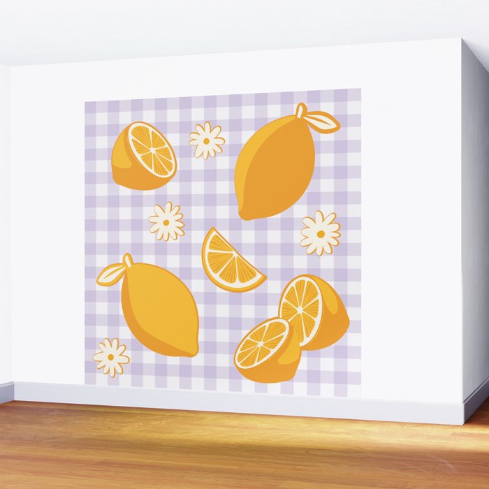 Lemons on Lilac Purple Gingham Wall Mural Gallery Image 2
