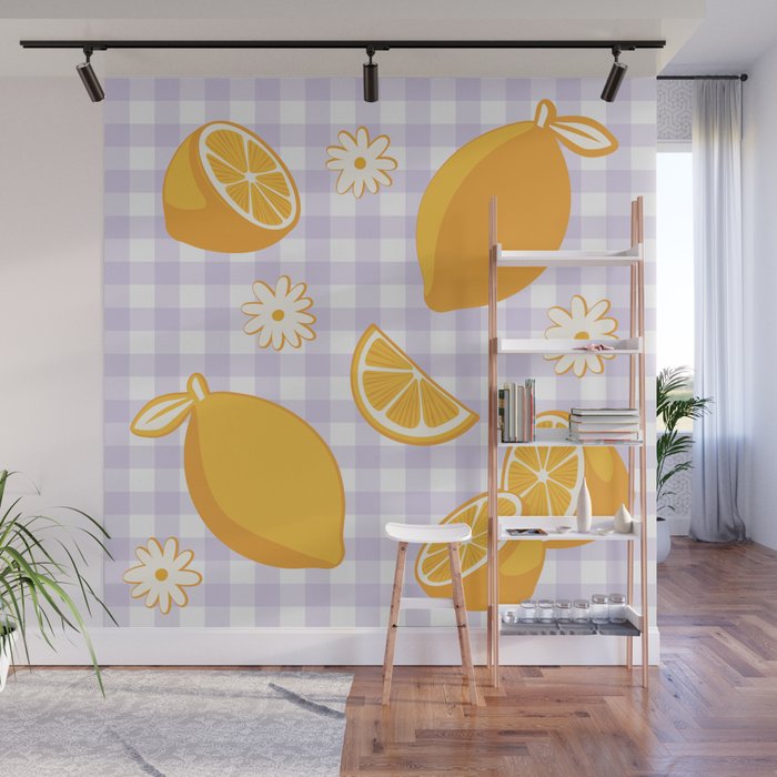 Lemons on Lilac Purple Gingham Wall Mural Gallery Image 1