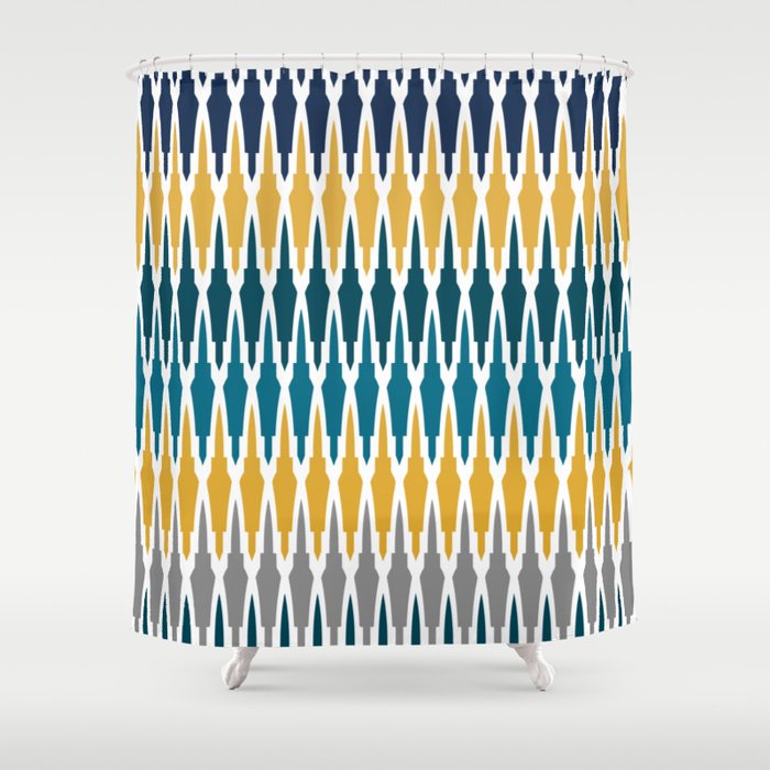 Boho, Geometric Pattern, Blue, Teal, Yellow and Gray Shower Curtain Gallery Image 1
