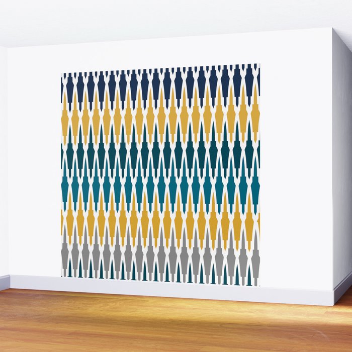 Boho, Geometric Pattern, Blue, Teal, Yellow and Gray Wall Mural Gallery Image 2
