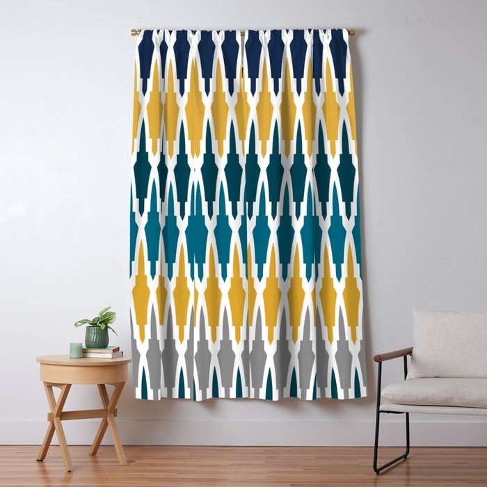 Boho, Geometric Pattern, Blue, Teal, Yellow and Gray Window Curtain Gallery Image 1