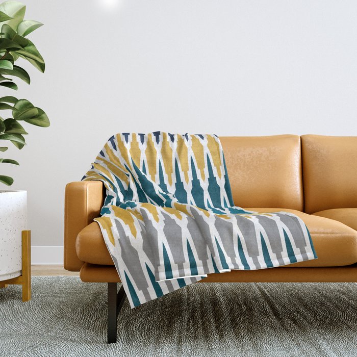 Boho, Geometric Pattern, Blue, Teal, Yellow and Gray Throw Blanket Gallery Image 1