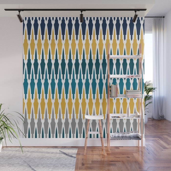 Boho, Geometric Pattern, Blue, Teal, Yellow and Gray Wall Mural Gallery Image 1